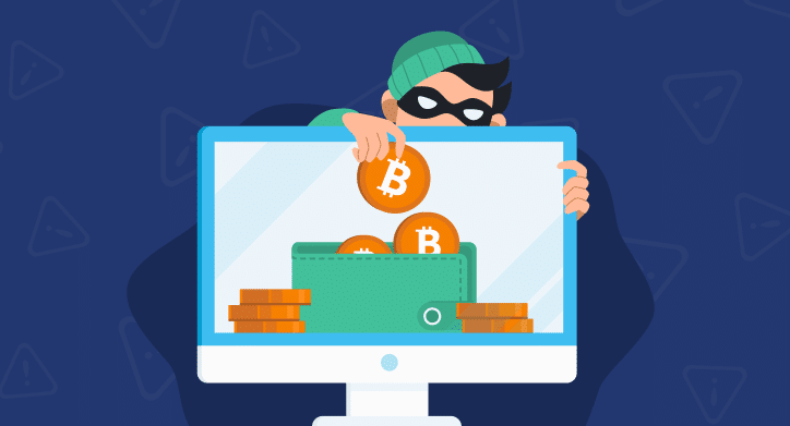 Cryptocurrency Scams To Avoid: A thief in a hoodie wearing black glasses and taking a Desktop with Bitcoins in it