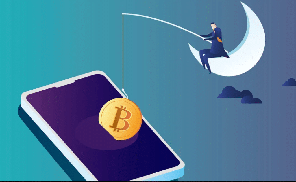 Cryptocurrency Phishing Scams: A 3D character sitting on a moonlike object in the sky fishing a Bitcoin from a mobile phone