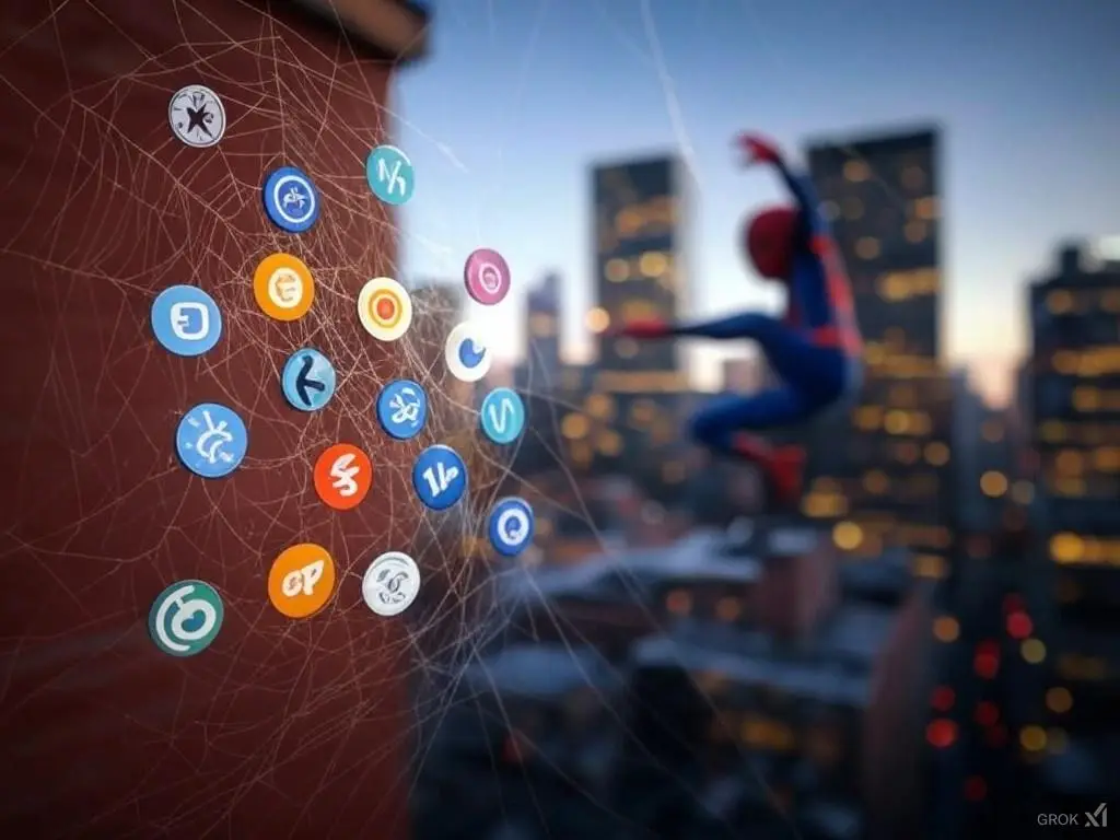 A spider web that appears to entrap cryptocurrencies, while spiderman appears at the side. Indicating a web3